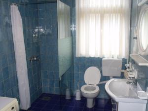 a blue tiled bathroom with a toilet and a sink at Apartma 2000 Tolmin in Tolmin