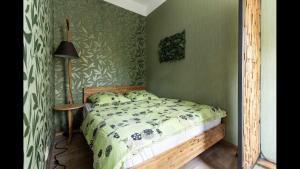 a bedroom with a bed and a green wall at Appartment im Villenviertel in Jena