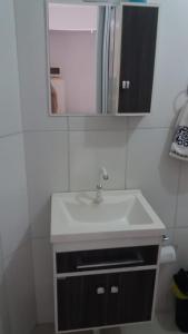 uma casa de banho com um lavatório branco e um espelho. em Pouse Bem em Blumenau