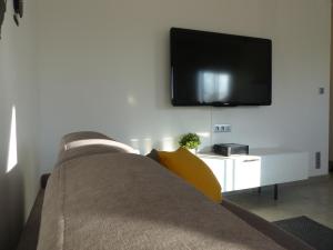 a living room with a couch and a flat screen tv at LE 31 in Cannes