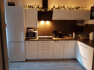 a kitchen with white cabinets and a white refrigerator at Apartamenty u Sikory in Miedzygorze
