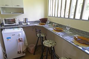 a kitchen with a counter with a refrigerator and a microwave at Chalés Pássaros do Cerrado in Cavalcante