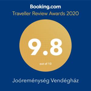 Certifikát, hodnocení, plakát nebo jiný dokument vystavený v ubytování Joóreménység Vendégház