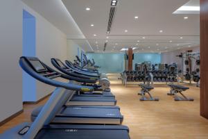 a gym with a row of treadmills and machines at Hyatt Place Dubai Jumeirah in Dubai