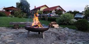 a fire pit in a yard with flames in it at Pod Kasztanem in Świnoujście