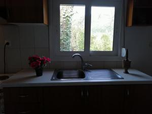 eine Küchentheke mit einem Waschbecken und einem Fenster in der Unterkunft Ktimata Evdoxia in Platanoússa
