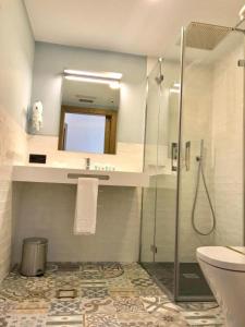 a bathroom with a shower and a sink and a toilet at VISTALEGRE Hotel-Spa in Portomarin