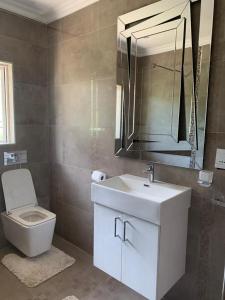 a bathroom with a toilet and a sink and a mirror at White House lodge in Scotburgh in Scottburgh