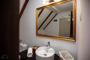 a bathroom with a sink and a mirror on the wall at Domeniul Poiana Ursului in Dumbrăveni