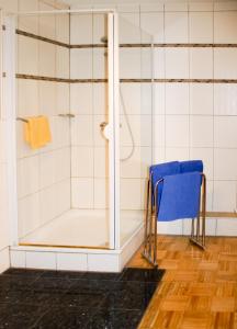 a bathroom with a shower and a blue chair at Hotel Sonne in Lorch