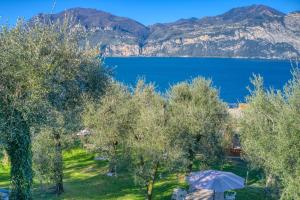 Blick auf einen See mit Bäumen und Bergen in der Unterkunft Casa Maya in Brenzone sul Garda