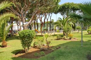um parque com árvores e plantas e um parque infantil em Apartamento La Barca em Chiclana de la Frontera