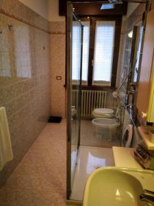 uma casa de banho com um chuveiro, um lavatório e um WC. em Appartamento Clivo em Solto Collina