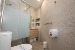 a bathroom with a toilet and a toilet paper dispenser at Hostal Casa Mercedes in Nerja