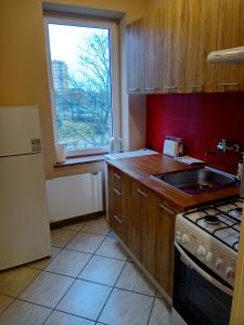 a kitchen with a stove and a sink and a window at Studio Daola in Gdańsk