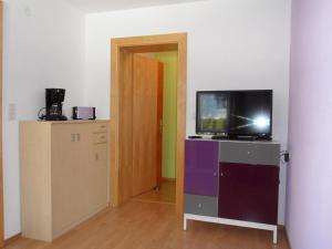 een kamer met een televisie op een dressoir en een deur bij Appartement Reiter in Aschau