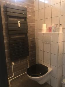 a bathroom with a black toilet with a black seat at Bungalows Hoefbos in Otterlo