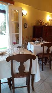 a dining room with two tables with wine glasses on them at Villa De Loulia in Peroulades