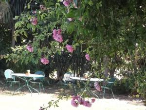 two tables and chairs under a tree with pink flowers at Villa De Loulia in Peroulades