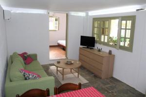 een woonkamer met een groene bank en een televisie bij Lemon Garden house near the sea in Lagonissi