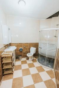 a bathroom with a toilet and a glass shower at Villa Ozalp Apartments in Dalyan