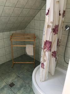 a bathroom with a toilet and a shower curtain at Boróka Vendégház in Matrakeresztes