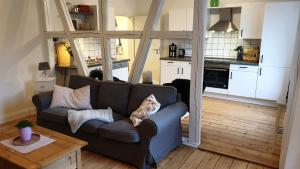 ein Wohnzimmer mit einem Sofa und einer Küche in der Unterkunft Schnucken-Hus in Amelinghausen