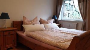 a bedroom with a bed with pillows and a window at Schnucken-Hus in Amelinghausen