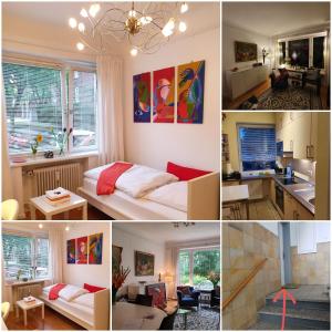 a collage of four pictures of a room at schönes Privatzimmer in Hamburg Winterhude in Hamburg