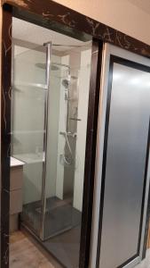 eine Dusche im Bad mit Glastür in der Unterkunft appartement luxe Vars pied des pistes 6 couchages in Vars