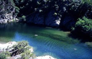 un bassin d'eau bleue dans une rivière arborée dans l'établissement Suite Nid d'Amour et Spa privatif, à Vogüé