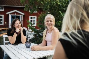 dos mujeres sentadas en una mesa de picnic en Våffelcafé Bed & Breakfast, en Dannäs