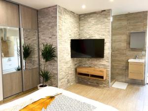 La Roche-BlancheLe Menhir 2 Jacuzzi Spa Terasse Barbecue的客厅的砖墙上有一台电视