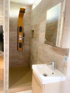 La Roche-BlancheLe Menhir 2 Jacuzzi Spa Terasse Barbecue的带水槽和淋浴的浴室