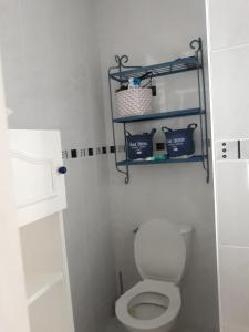 a bathroom with a white toilet and shelves at Chambres d'Hotes Elvire et Laurent Barbey in Sainte-Marie-du-Mont