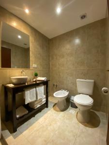 La salle de bains est pourvue de toilettes, d'un lavabo et d'un miroir. dans l'établissement Hotel y Cabañas Las Marías, à El Calafate