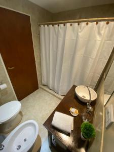 a bathroom with a sink and a toilet and a shower at Hotel y Cabañas Las Marías in El Calafate