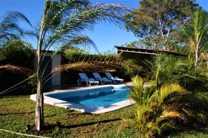 una piscina en un patio con palmeras en Apartamentos La Alborada Airport SJO, en Alajuela