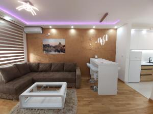 sala de estar con sofá y mesa en Apartman Elegance Free Garage, en Novi Sad