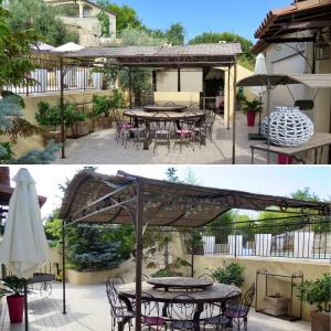 un patio con mesa, sillas y sombrilla en Villa fiora classée 4 étoiles, en Martigues