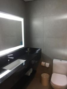 a bathroom with a toilet a sink and a mirror at Comfort Suites Flamboyant Goiânia in Goiânia