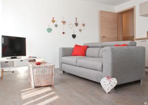 a living room with a gray couch and a tv at Les coeurs de Cachemire in Breuschwickersheim