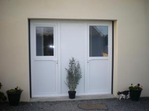 a white garage door with a potted plant and a cat at Chambres Les Salles in Beauvoir