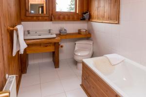 a bathroom with a toilet and a sink and a tub at Andes Lodge, Puelo Patagonia in Puelo