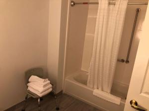 a bathroom with a shower and a chair next to a bath tub at Franklin Extended Stay Hotel in Franklin +44 photos