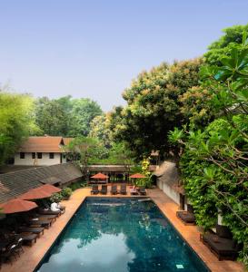 uma piscina exterior com cadeiras e guarda-sóis em Tamarind Village em Chiang Mai