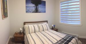 ein Schlafzimmer mit einem Bett, einem Fenster und einem Bild in der Unterkunft Mollys Cottage-The Suite on Vancouver Island near YYJ Airport and the WA and BC Ferries in North Saanich
