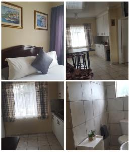três fotografias de uma cozinha e um quarto com um lavatório e um WC em Amberlight Self Catering Accommodation em Krugersdorp