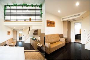 古坑鄉的住宿－棕櫚島民宿，客厅和带沙发的客厅的两张照片