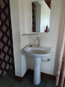 ein weißes Waschbecken im Bad mit Spiegel in der Unterkunft Tangi Safari Lodge in Pakwach East